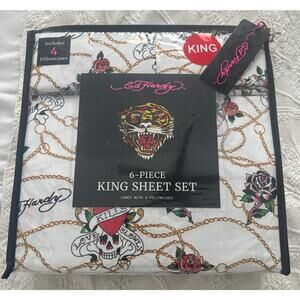 Ed‎ Hardy King Size Sheet Set 6-Piece Black Tiger Skull Print Bedding New